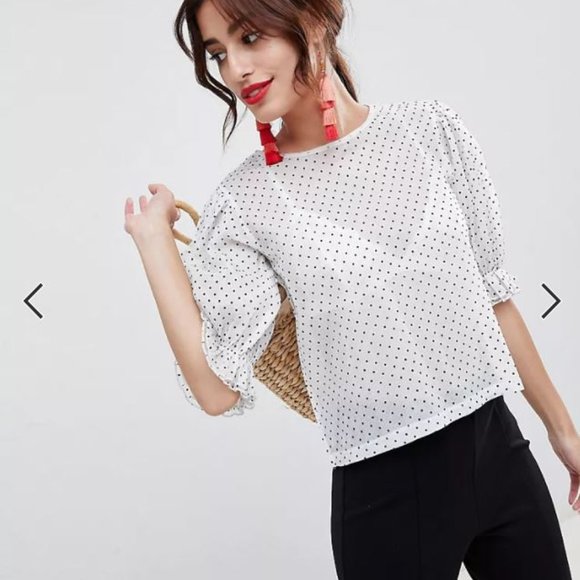 Puff Sleeve Polka Dot Mesh Shirt - Picture 1 of 5